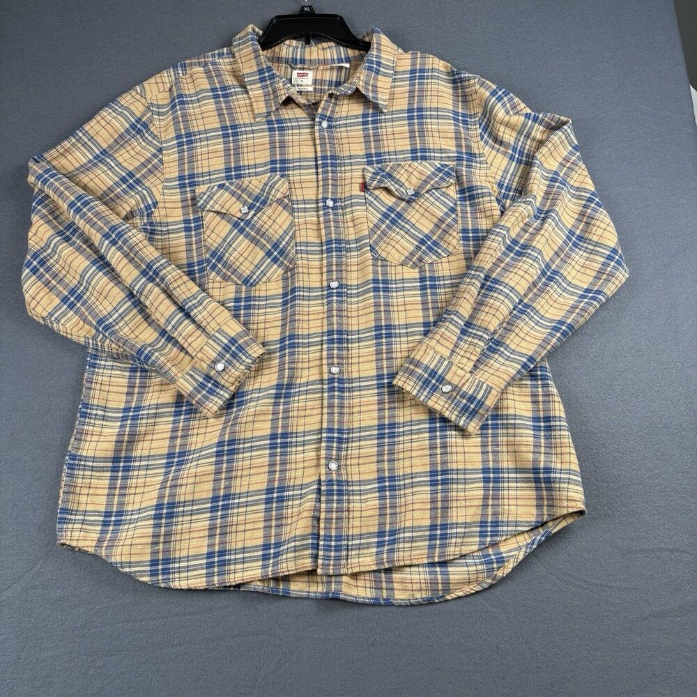 LEVI'S Mens XL Burnt Orange Multi Plaid Pearl Snap Button L/S Western Shirt Gold